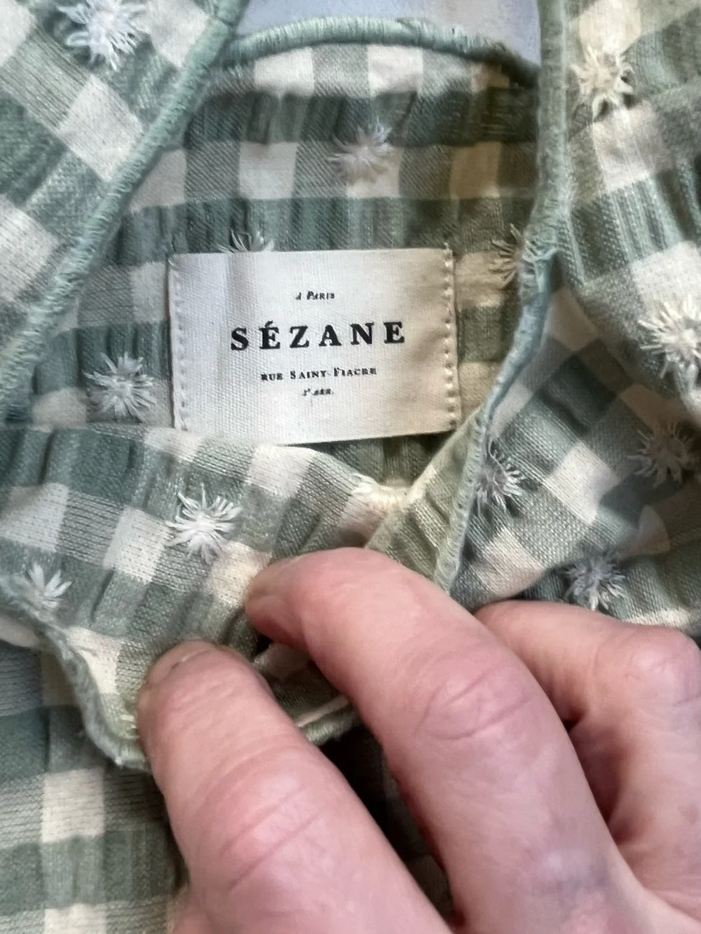 NWT Sezane Sage Green and White Gingham Embroidered Tote